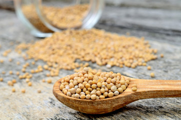 mustard beans in spoon on table