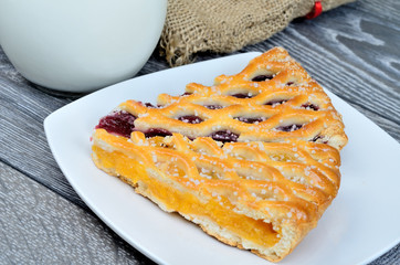 part of pie on white dish on table