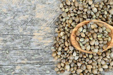 hemp seed in spoon on table