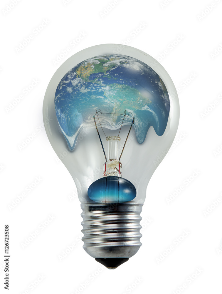 Aufkleber Light bulb with world inside and global warming isolated on black