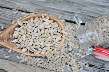 sunflowers seed in spoon on table