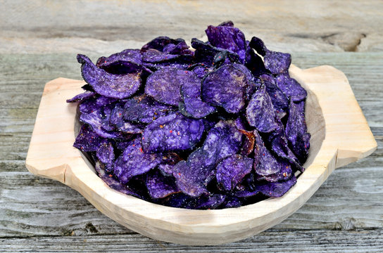 Purple Potato Chips In Bowl On Table