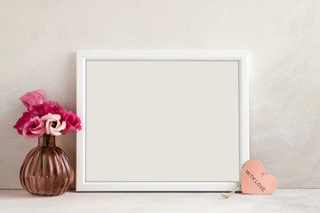 White landscape frame mockup vase of flowers & a pink heart, overlay your quote promotion headline or design great for small businesses lifestyle bloggers & social media campaigns