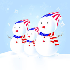 American Snowman family with hat, scarf, snow