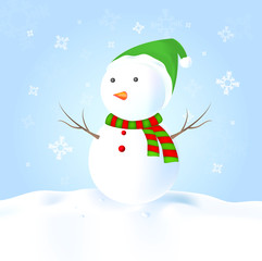 Snowman with hat, scarf, snow