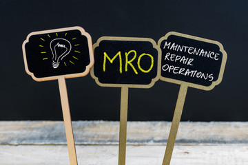 Concept message MRO as Maintenance Repair Operations and light bulb as symbol for idea - obrazy, fototapety, plakaty