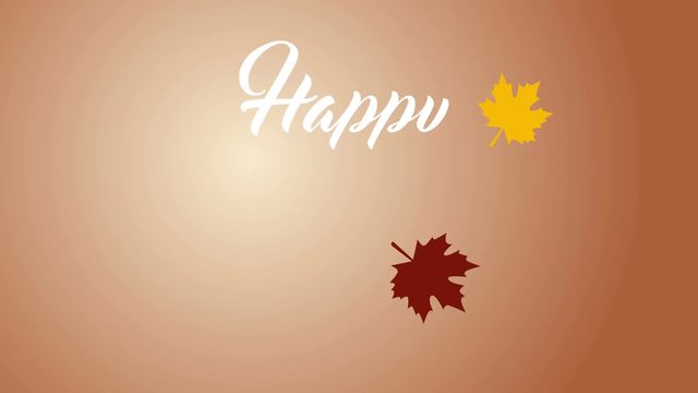 4K Thanksgiving greeting card with Happy Thanksgiving animation lettering text. Ifinity loop thanksgiving card. White text. Brown background. Yellow and brown leafs. Flat.