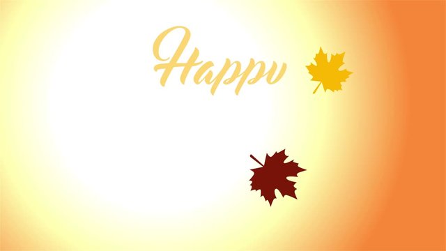 4K Thanksgiving greeting card with Happy Thanksgiving animation lettering text. Ifinity loop thanksgiving card. Yellow text and bright brown background. Yellow and brown leafs. Flat.