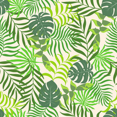 Tropical background with palm leaves. Seamless floral pattern