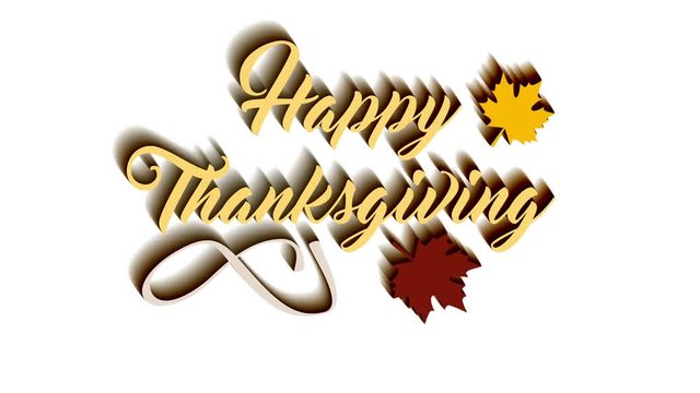 4K Thanksgiving greeting card with Happy Thanksgiving lettering text. Ifinity loop thanksgiving card. Yellow text and white background. Yellow and brown leaf. Animate shadows.
