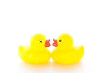Little duck, yellow rubber duck on white background.