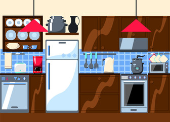 Kitchen room with furniture and home appliances. Horizontal vector illustration in flat style.