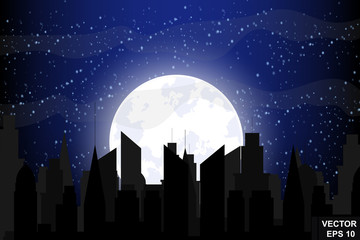 Night city. Landscape. Sleep. Full moon. Flat stil.Otdyh.