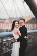 Gorgeous wedding couple, bride and groom posing on bridge in Krakow