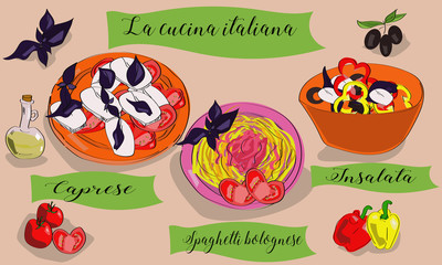 Vetcor menu of Italian dishes. Caprese, bolognese, insalata. La cucina italiana.