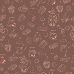 Seamless vector pattern with biscuits, waffles, marmalade, mugs and teapots.