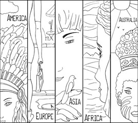 Native girls from 5 continents: Asia, Africa, Europe, America, Australia. Vector coloring page.