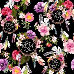 Foto op Plexiglas Dromenvanger Dromenvanger, bloemen, veren. Naadloze patroon. Waterverf