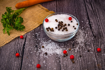 species and herbs on wooden table