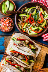 Mexican pork tacos with vegetables. Top view