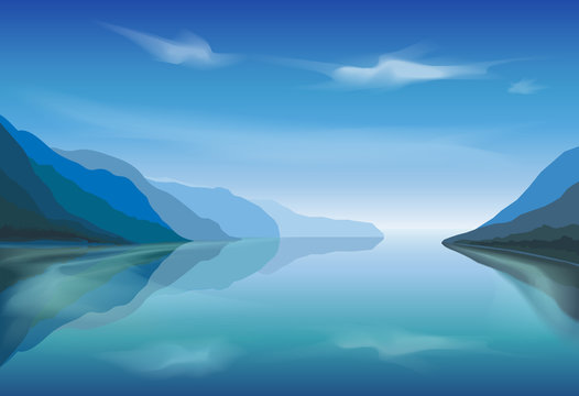 Vector Landscape Of A Mountain Lake In The Morning