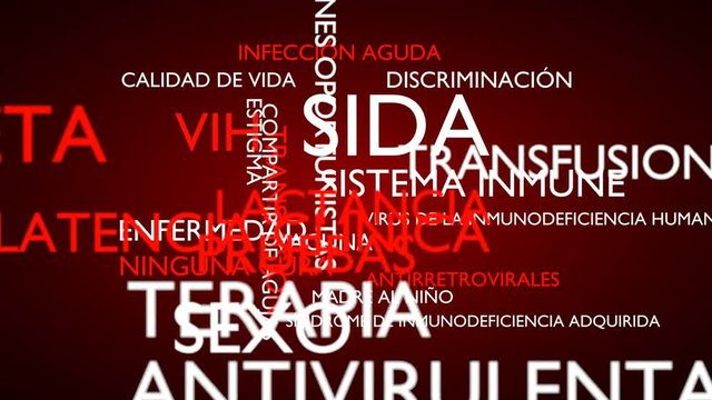 AIDS, HIV word tag cloud - red, Spanish variant, 3D rendering, UHD