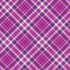 Seamless tartan plaid pattern. Vector checkered wallpaper print. Tartan design in pink, dark purple & white stripes on fuchsia pink background.