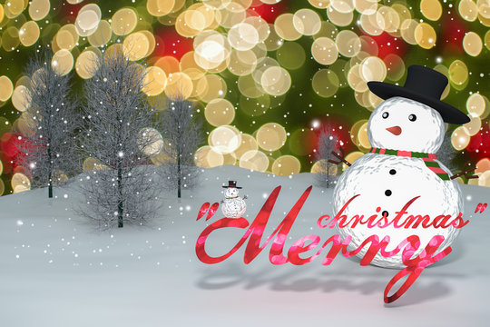 3D Rendering : 2016 merry christmas light bokeh text and snow man doll on perspective snowscape sparkling bokeh wall light and christmas tree in background.space for display your product