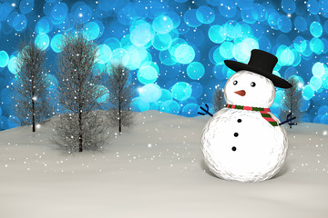 3D Rendering :  merry christmas snow man doll on perspective snowscape sparkling bokeh wall light and christmas tree in background.space for display your product