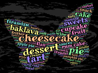 Naklejka na ściany i meble Cheesecake. Word cloud, butterfly, grunge background. Food concept.