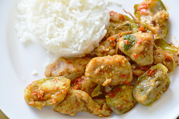 spicy stir fried fish ball eggplant and chili with plain rice