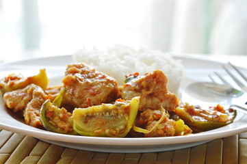 spicy stir fried fish ball eggplant and chili with plain rice