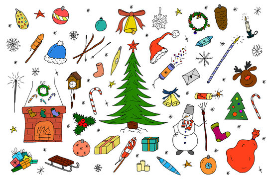 Hand drawn christmas elements in doodle style.