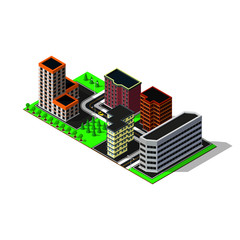 Isometric city map. 3d buildings. Isometric game pieces.