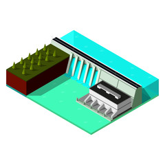 Isometric water power station. Hydroelectric power plant. 3d dam produces electricity. Isometric concept of renewable energy.