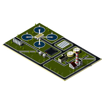 Isometric treatment plant. Purification factory complex. Concept of water purification. Isometric industrial buildings and objects.