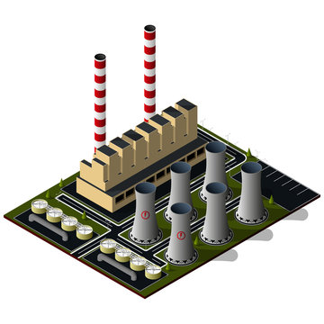 Isometric thermal power plant produces electricity and thermal energy. Concept includes cooling towers, tubes, buildings, roads and parking.