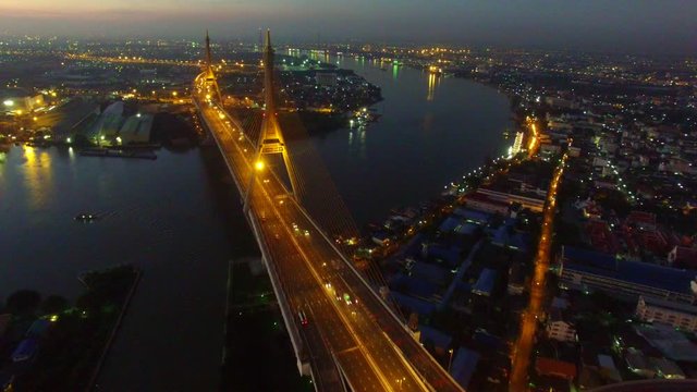 aerial view of bhumibol bridge important landmark and traffic transportation in bangkok thailand