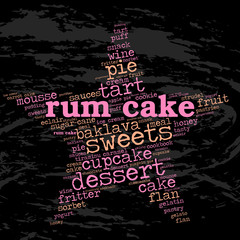 Naklejka na ściany i meble Rum cake. Word cloud, star, grunge background. Food for celebrities.