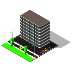 3d city map. Modern isometric house includes parking, roads, crossroad, trees, cars and street lamps. Isometric elements.