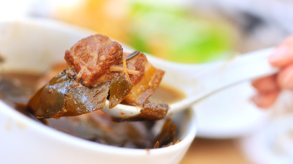 Stewed streaky pork with sweet brown sauce, fusion food concept and homemade idea