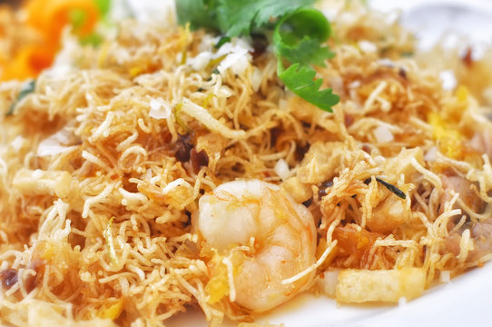 Mixed Crispy Rice Noodle with shrimp or Mi krop Srong Kreung in Thai language, Thai style food concept