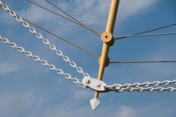 Obraz premium Vintage sailing ship mast ropes and tackle, Tall ship rigging mast detail, blue sky background