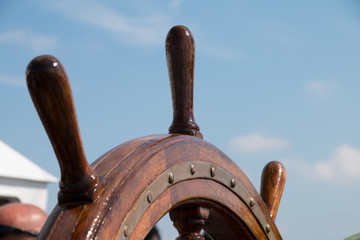 Ship rudder, sea and blue sky background