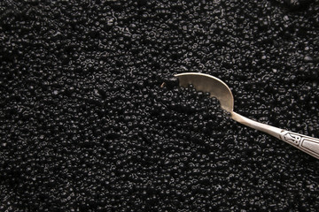 fake black caviar with a spoon. background