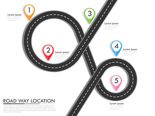 Road way location infographic template with pin pointer. Winding road on a colorful background. Stylish streamers. Vector EPS 10