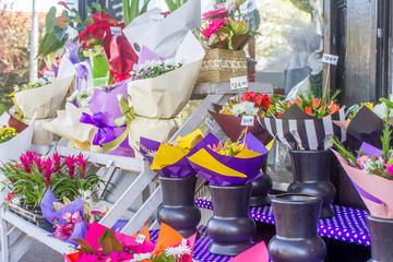 flower market, Miscellaneous colored flowers on a market in pots