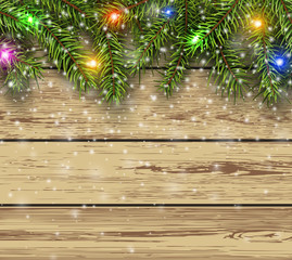 Christmas background fir tree on wooden board