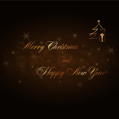 Merry Christmas and Happy New Year gold text. Holiday background. Golden type decorative design for card, banner, greeting, vintage decoration. Symbol of celebration, holiday. Vector illustration