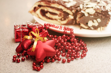Chocolate cake, christmas log with decoration